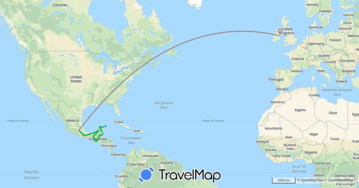 TravelMap itinerary: bus, plane, boat in Belize, Guatemala, Ireland, Mexico (Europe, North America)
