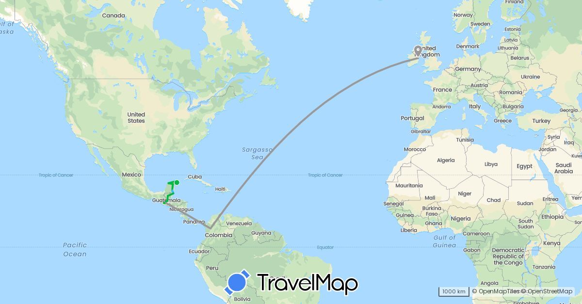 TravelMap itinerary: bus, plane, boat in Belize, Colombia, Guatemala, Ireland, Mexico (Europe, North America, South America)